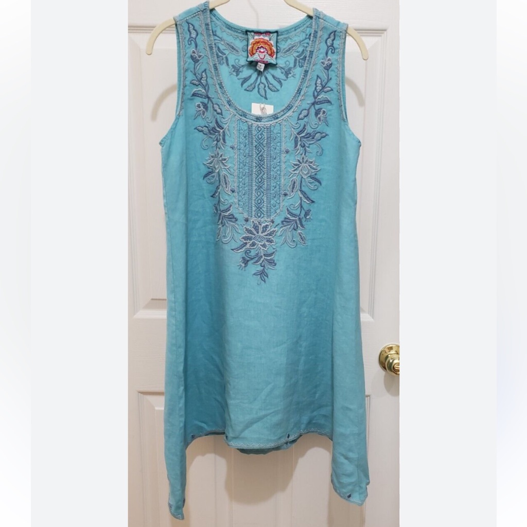 Johnny Was Maize Linen Empire Trapeze Tunic Top Blue Size Small Dress Length